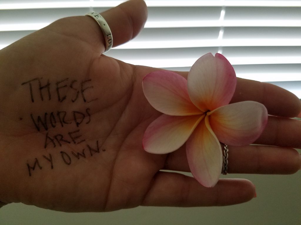 palm that says 'these words are my own'