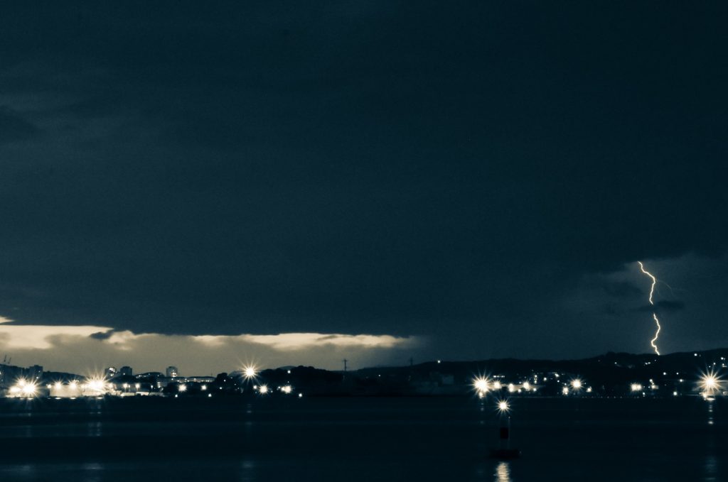 thunder and lightning across the sky in a storm