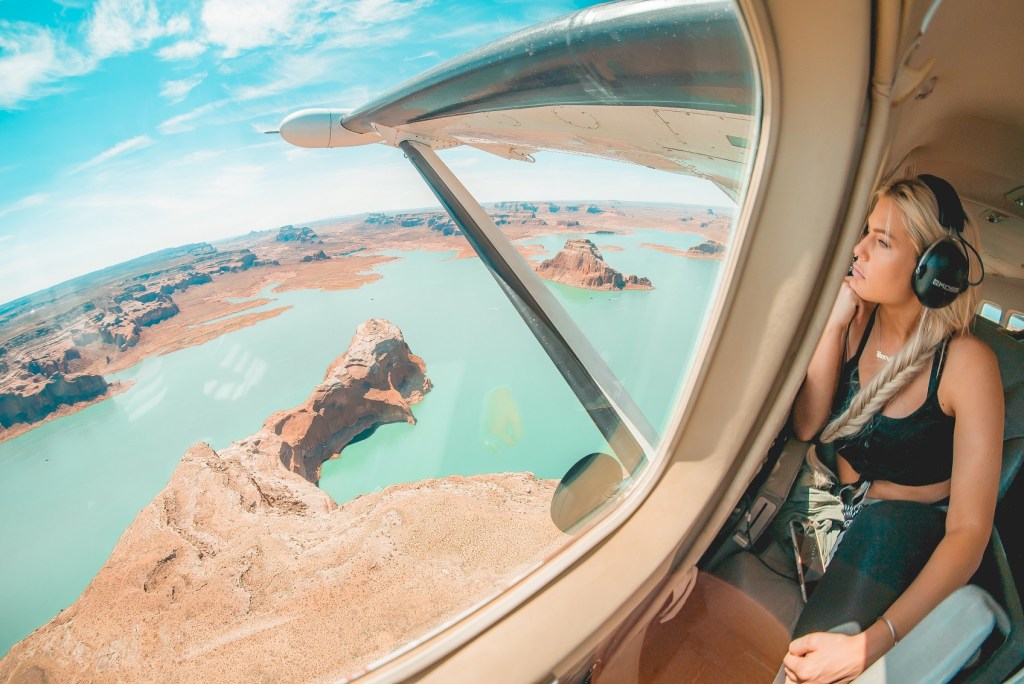 woman in airplane flying